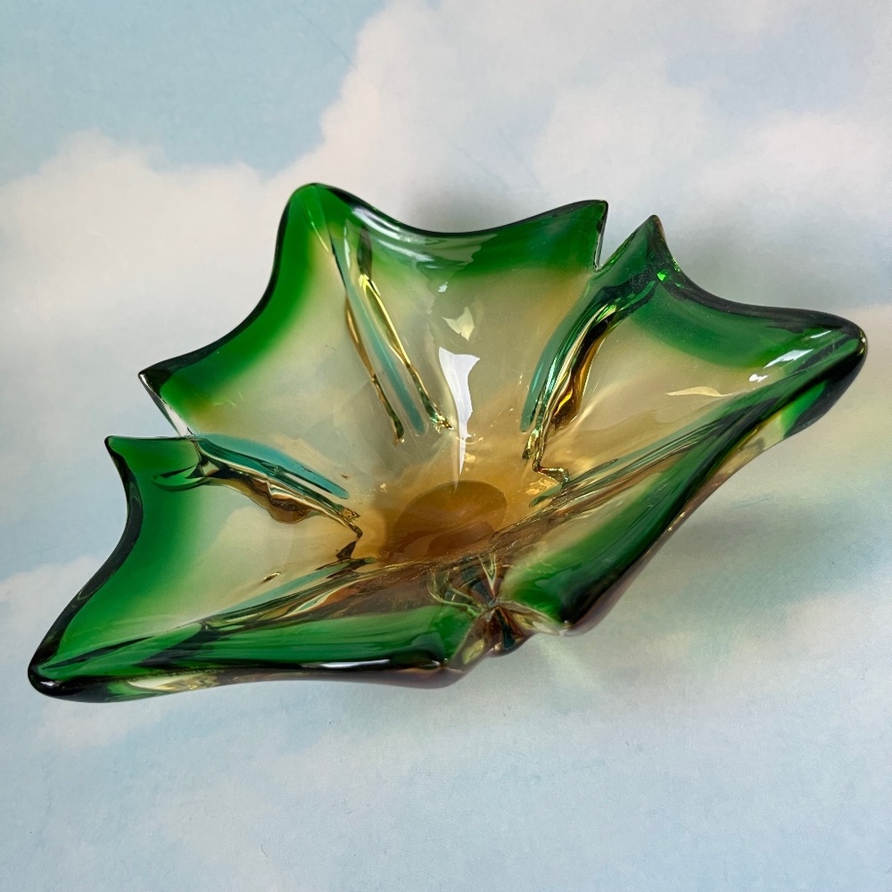 VINTAGE Dish Art Glass Art Deco Green Gold - Picture 2 of 10